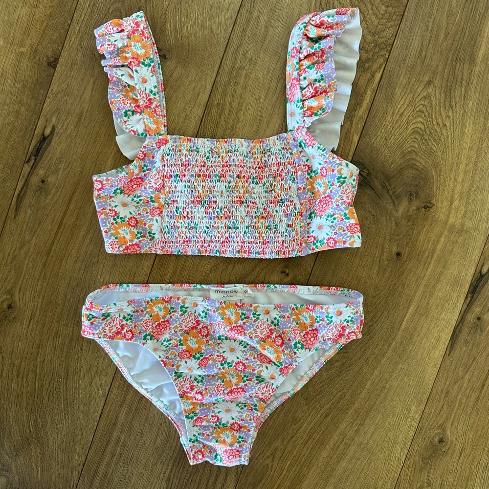 Minnow swim girls island blossom smocked ruffle strap bikini 9/10